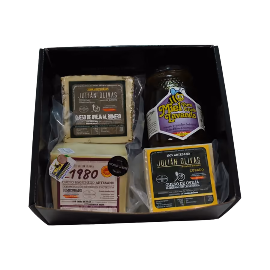 Caja de regalo manchega con queso y miel de Julián Olivas
