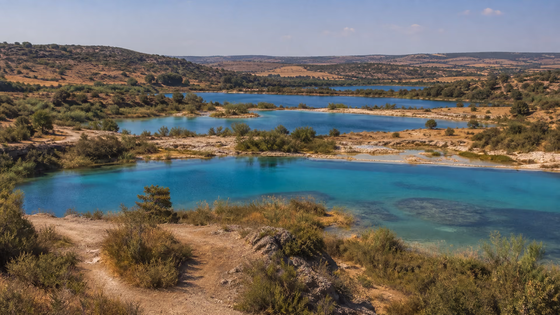 Recreación editorial de las Lagunas de Ruidera entre agua turquesa y monte mediterráneo