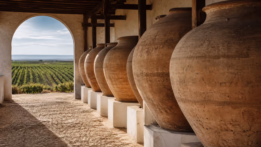Recreación editorial de tinajas tradicionales y viñedos de Villarrobledo