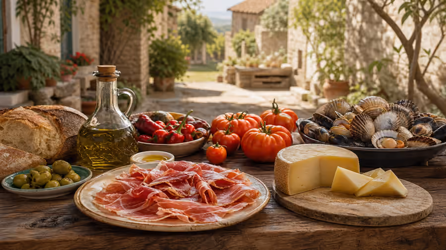Recreación editorial de productos locales representativos de la gastronomía española