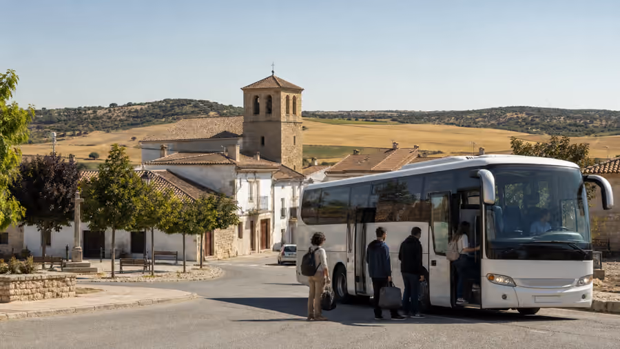 Recreación editorial de tres viajeros subiendo a un autobús en la parada de un pueblo, con la torre de la iglesia detrás