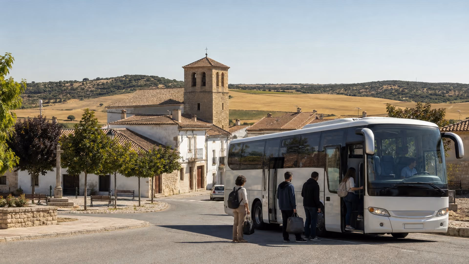 Recreación editorial de tres viajeros subiendo a un autobús en la parada de un pueblo, con la torre de la iglesia detrás