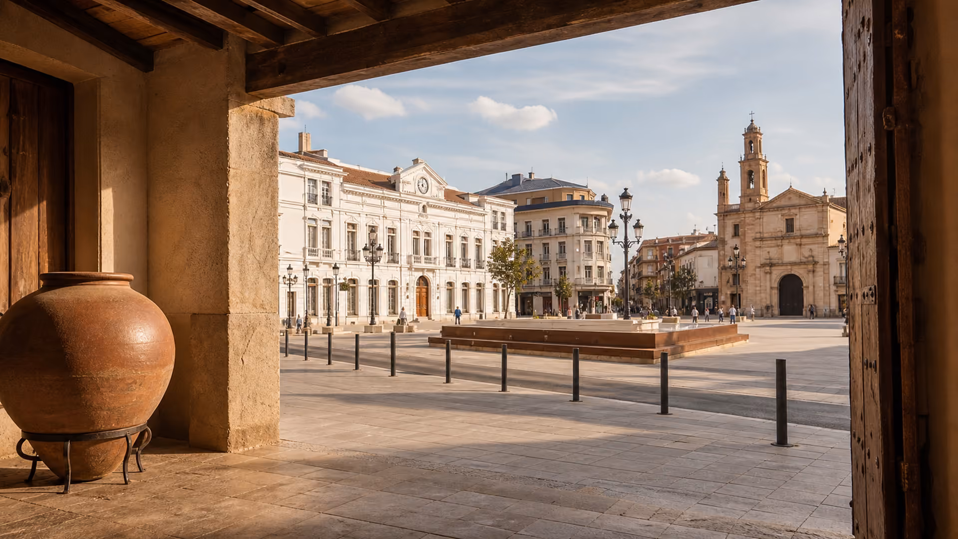 Recreación editorial de una tinaja de barro bajo unos soportales, con la plaza de Tomelloso al fondo