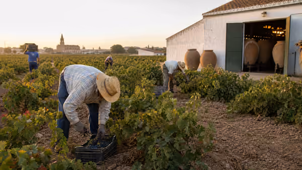 Recreación editorial de vendimiadores cortando uva entre las cepas, junto a una bodega con tinajas en la puerta