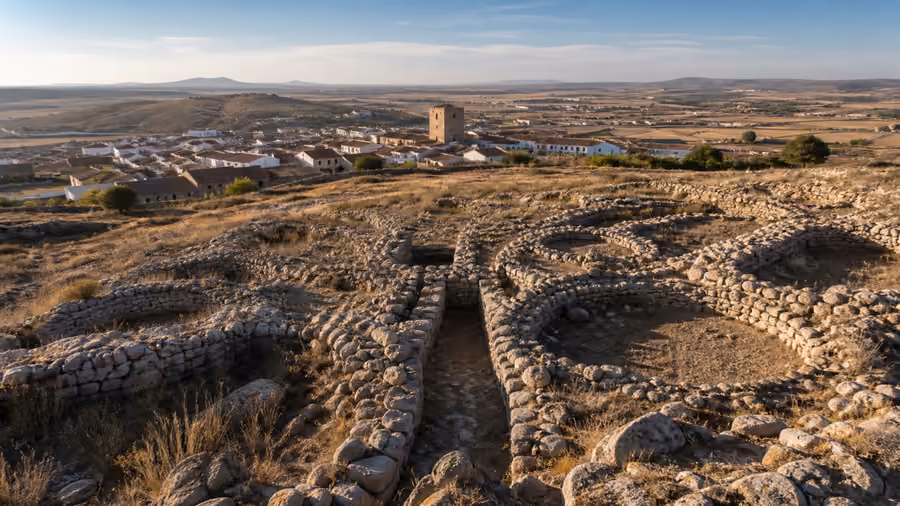 Recreación editorial de estructuras circulares de piedra de un yacimiento arqueológico, con el pueblo y su torre al fondo