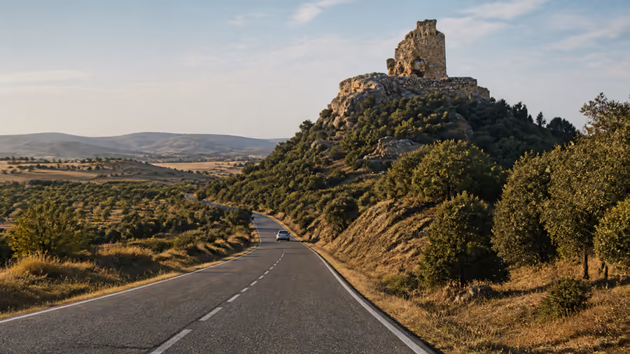 Recreación editorial de una carretera con un coche acercándose a un castillo en ruinas sobre un peñasco