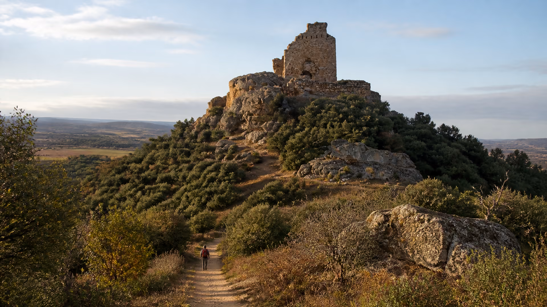Recreación editorial de un castillo en ruinas sobre un cerro, con un sendero subiendo entre la vegetación