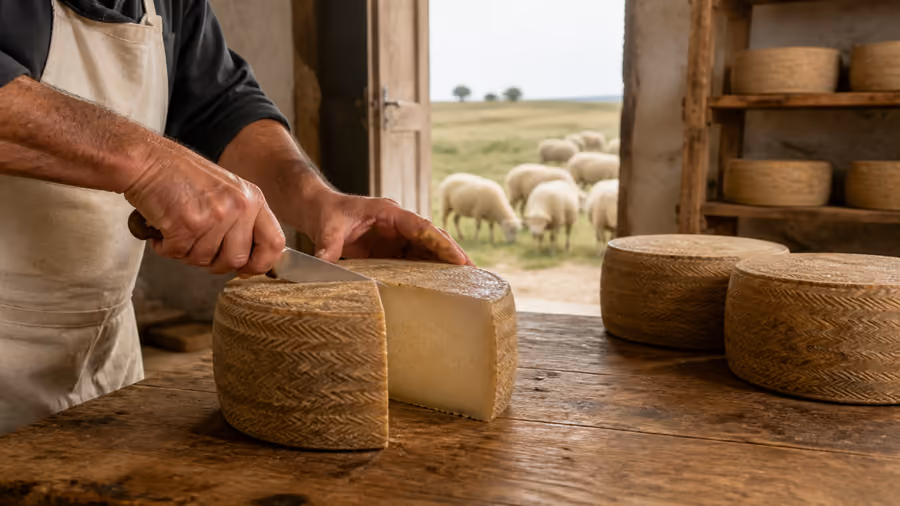 Recreación editorial de unas manos cortando una rueda de queso curado sobre una mesa de madera, con ovejas al fondo