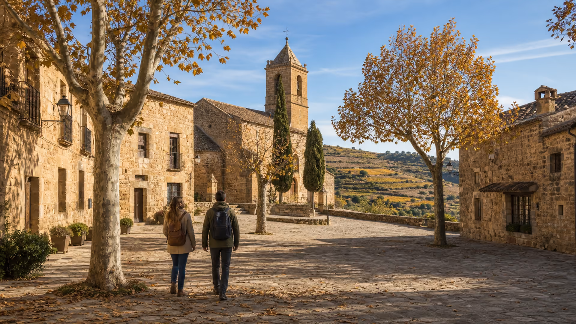 Recreación editorial de una pareja paseando por la plaza empedrada de un pueblo de piedra en otoño
