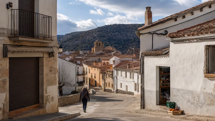 Recreación editorial de una calle de pueblo casi vacía en invierno, con las persianas bajadas y una única tienda abierta