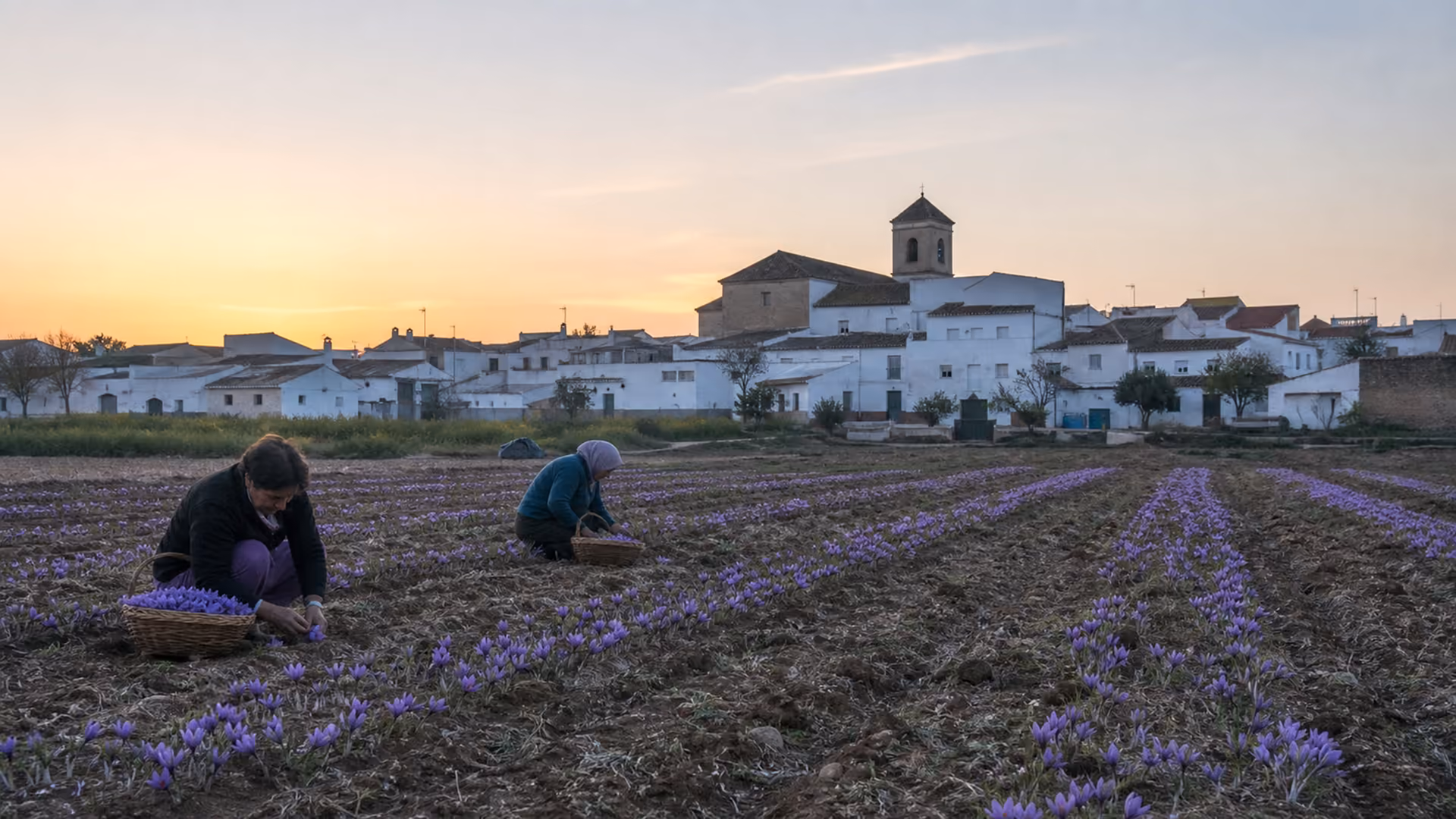 Recreación editorial de dos personas recogiendo rosa del azafrán en un campo al amanecer, con el pueblo al fondo
