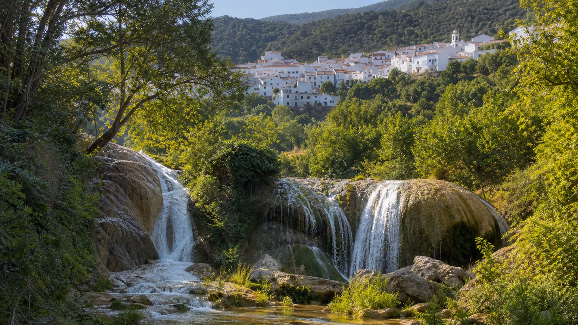 Recreación editorial de unas chorreras cayendo entre la vegetación, con un pueblo blanco en la ladera del fondo