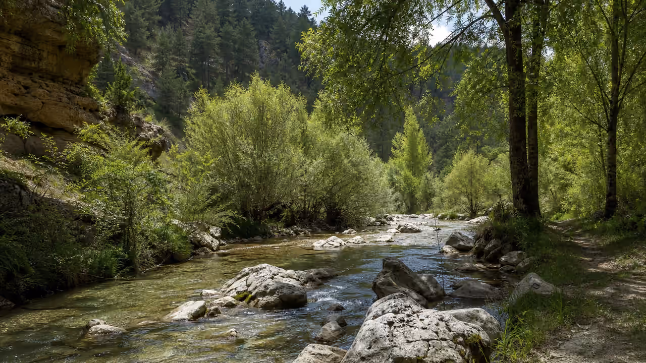 Recreación visual de Ribera del río Cuervo en Santa María del Val, Cuenca.